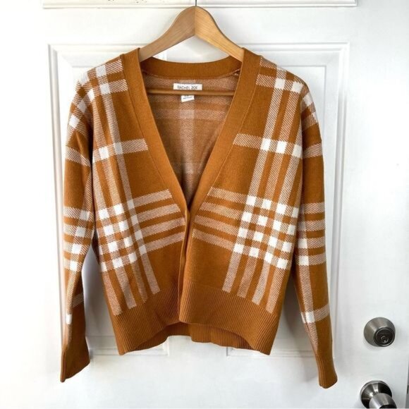 Rachel Zoe Burnt Orange Plaid Oversized Button Cardigan Size XS - Picture 1 of 6
